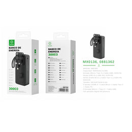 Banco de energia 30000 mAh 5 V 2 A con 4 cables ABS + PC (negro) - MX0136 NE