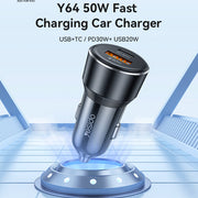 Car Charger, USB-A + Type-C, Fast Charging, 50W - Black