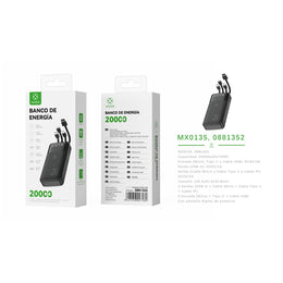 Banco de energia 20000 mAh 5 V 2 A con 4 cables ABS + PC (negro) - MX0135 NE