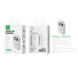 Banco de energia 5400 mAh 5 V 2 A con 4 cables ABS + PC - blanco - MX0137 BL