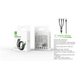 Cable de datos 3 en 1 USB a Micro+Tipo C+Lightning 18 W 1 m - Negro - MX0026