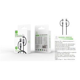 Cable de datos 4 en 1 USB+Tipo C a Tipo C+Lightning 65W 1 m - Negro - MX0036 NE