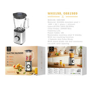 Licuadora electrica 1000W jarra de cristal de 1500ml 2 velocidades - plateada - MX0198