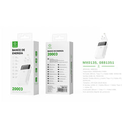 Banco de energia 20000 mAh 5 V 2 A con 4 cables ABS + PC - blanco - MX0135 BL
