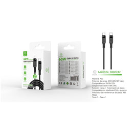 Cable de datos Tipo-C a Tipo-C 60W 3m - Negro - MX0024 NE