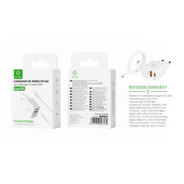 Cargador de pared UE QC+PD GaN de 20 W con cable C-C (blanco) - MX0080 BL