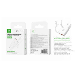 Cargador de pared UE QC+PD GaN de 30 W con cable C-C (blanco) - MX0086 BL